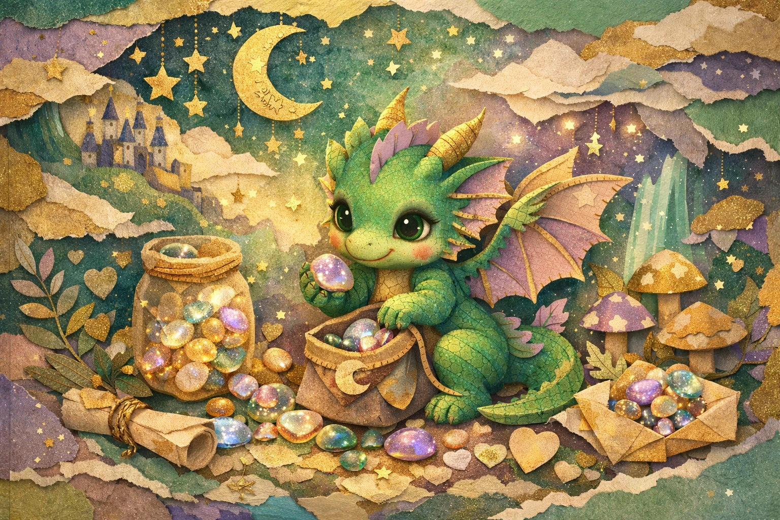 Babydrache sammelt glitzernde Kieselsteine in einer Papiercollage-Fantasywelt
