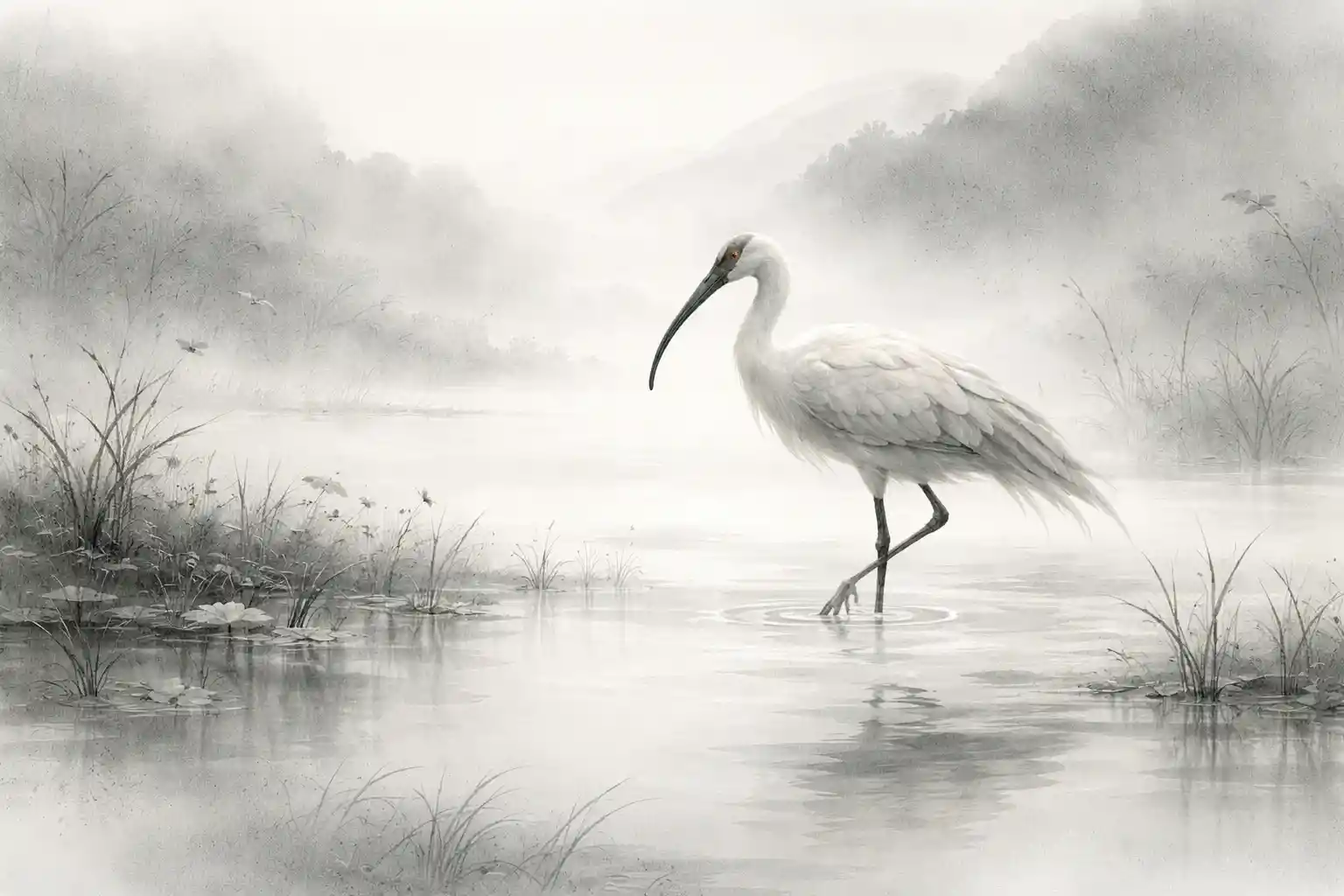 Anmutiger Ibis in einer ruhigen Tuschlandschaft im Feuchtgebiet