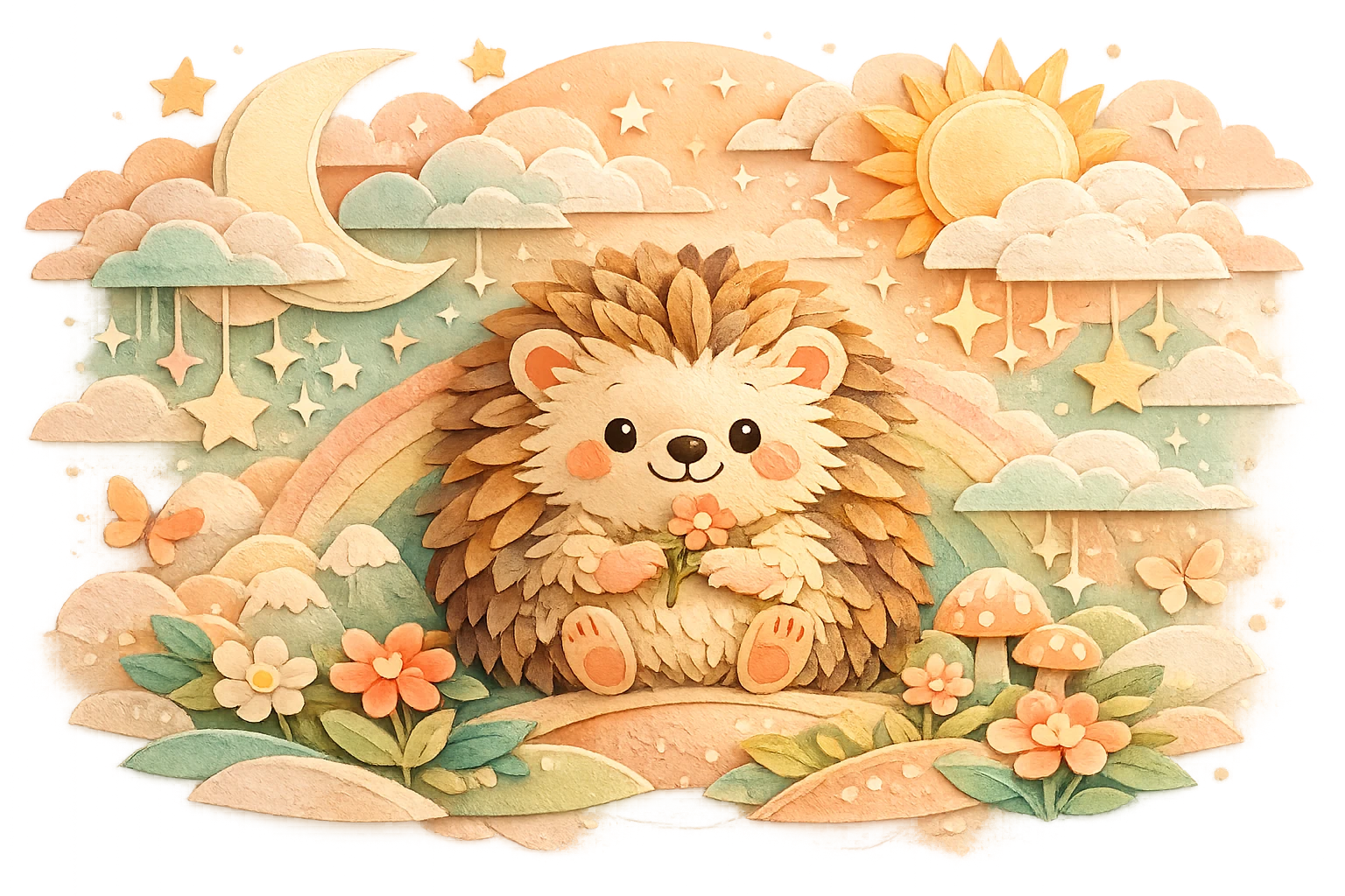 Erizo de papel recortado adorable en ilustración en capas de suaves tonos pastel