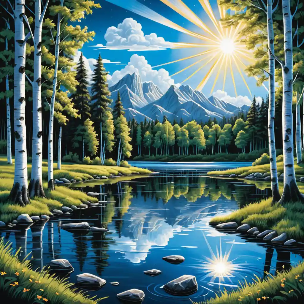 Summer forest lake with sunbeams and birch trees illustration