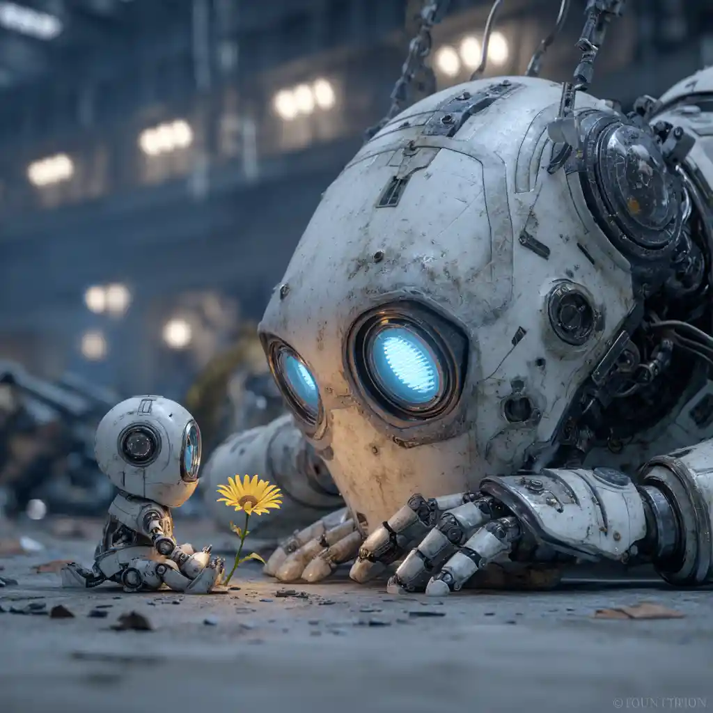 Humanoid Robots Contemplate A Single Daisy In Ruined Industry