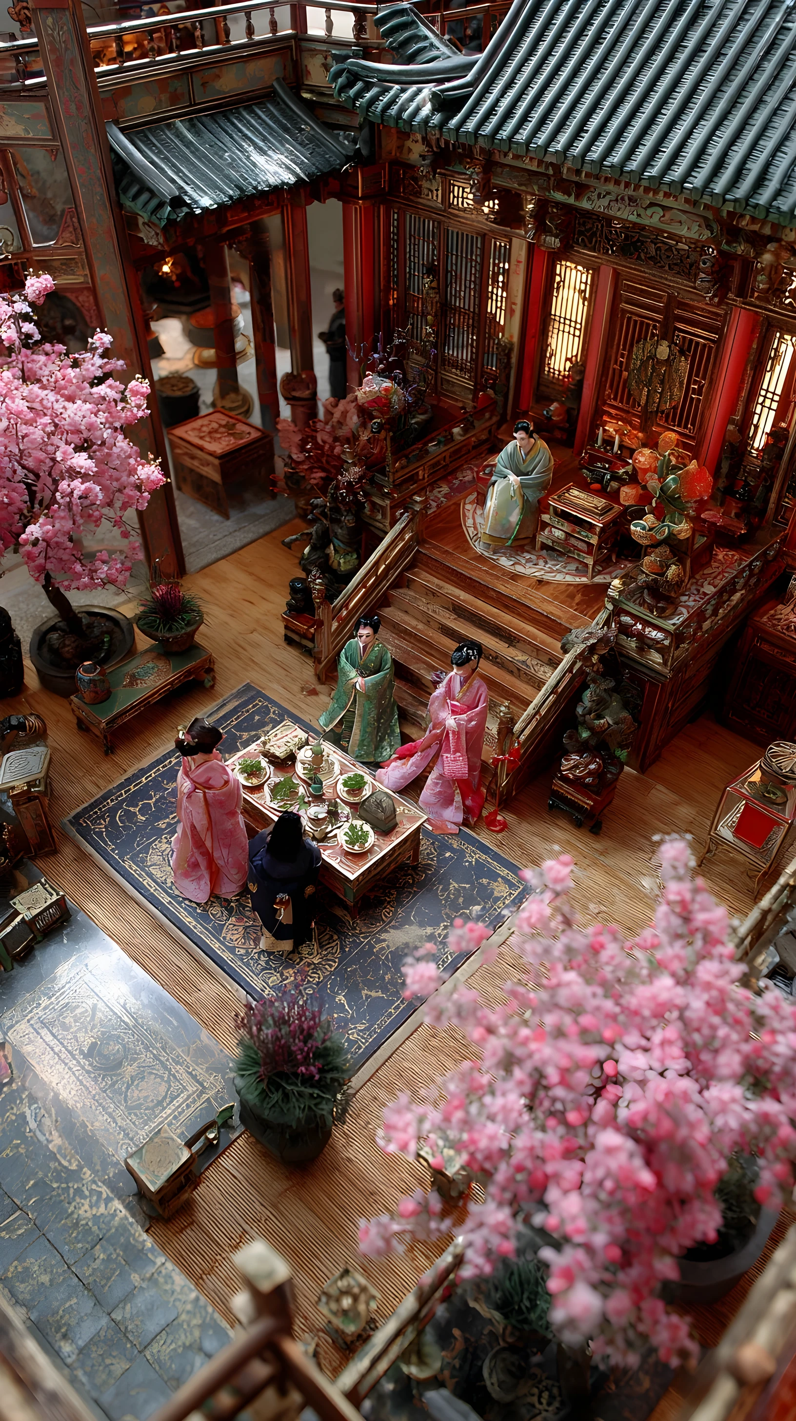 Diorama de casa de bonecas de palácio chinês com elegantes damas da corte