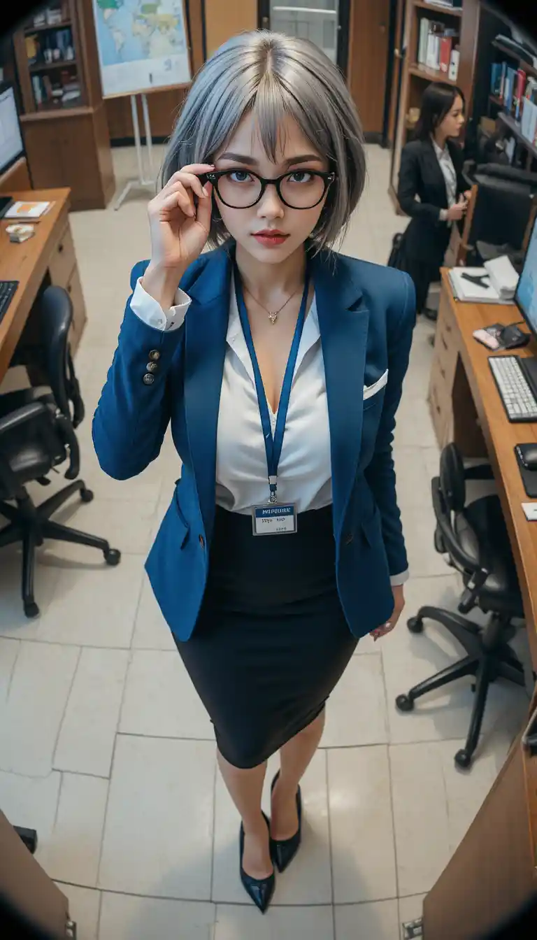Mujer de oficina con gafas ajustando la montura junto a su computadora