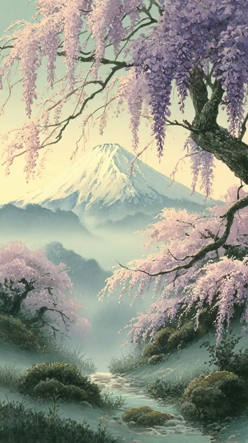 Sacred mountain landscape with cherry blossoms and soft sky