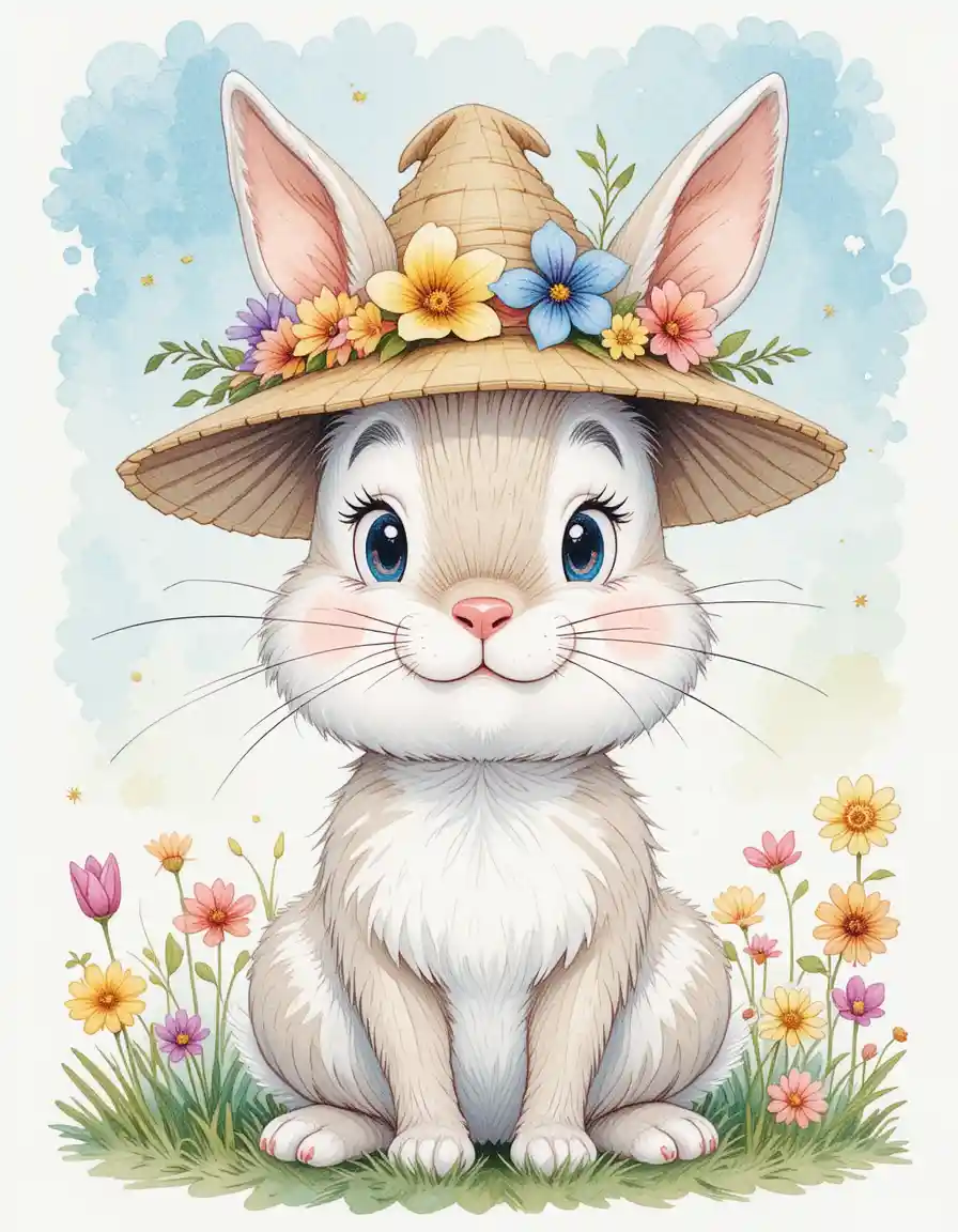 Dolce coniglietto con cappello di fiori primaverili in stile acquerello