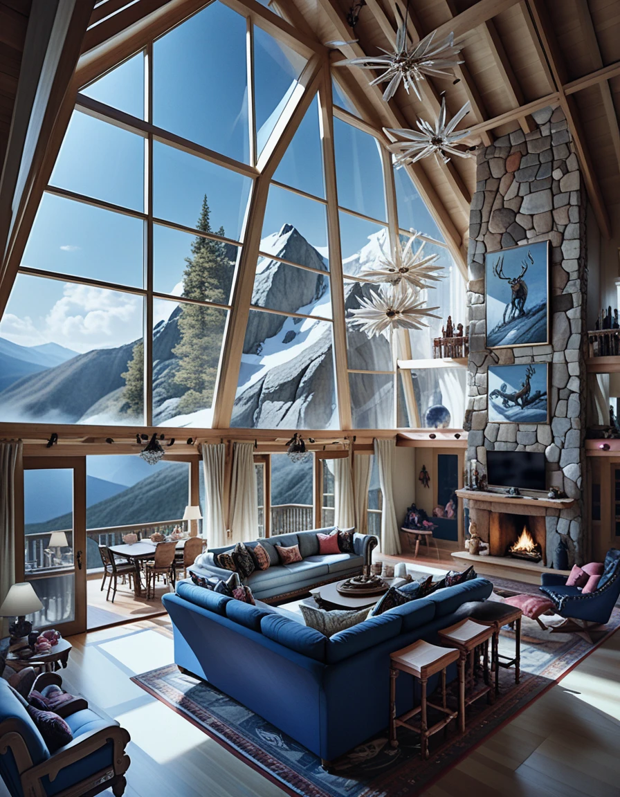 Interni di lussuoso chalet di montagna con legno scuro e pietra