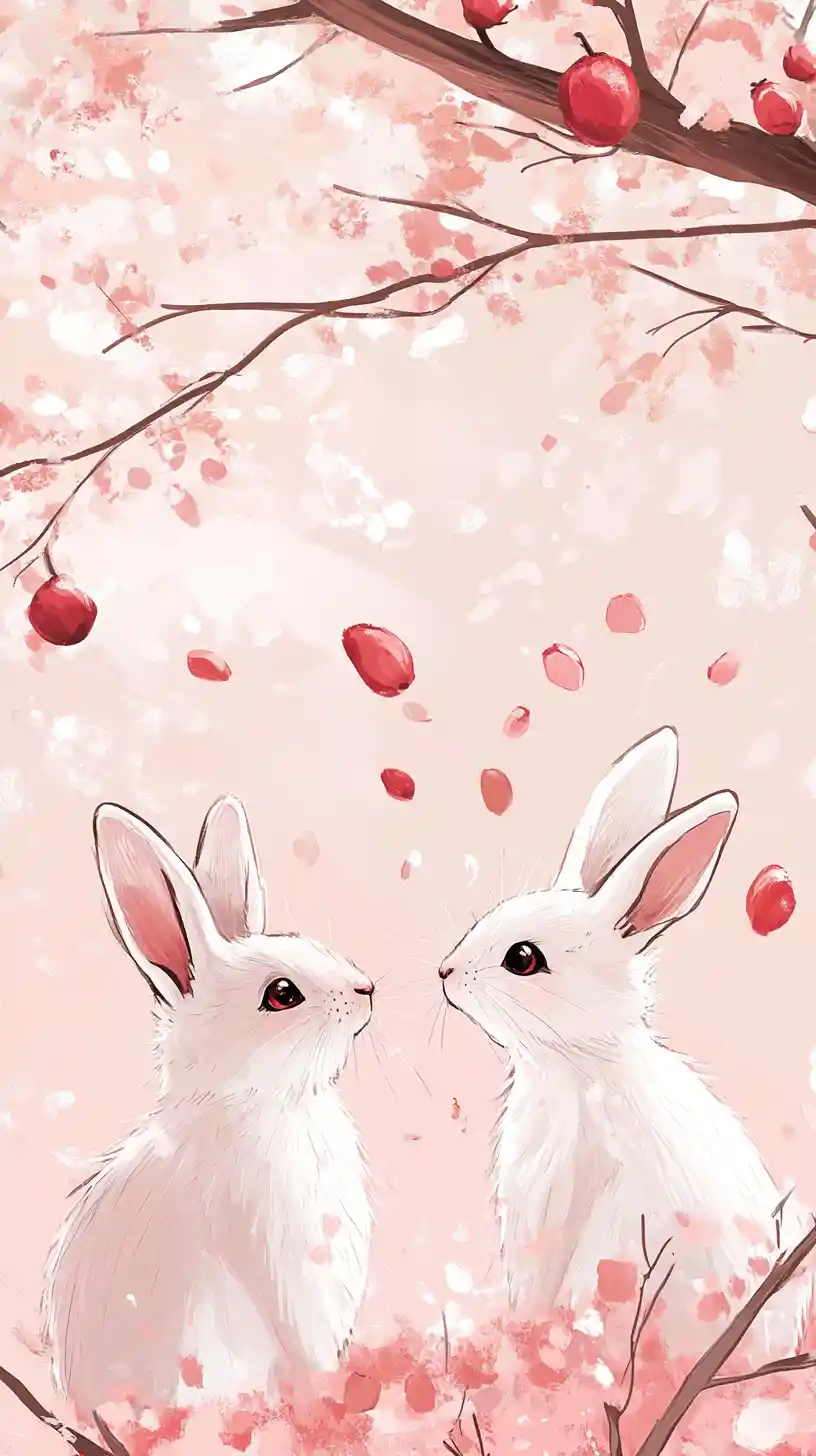 Two rabbits under softly blooming cherry blossom branches