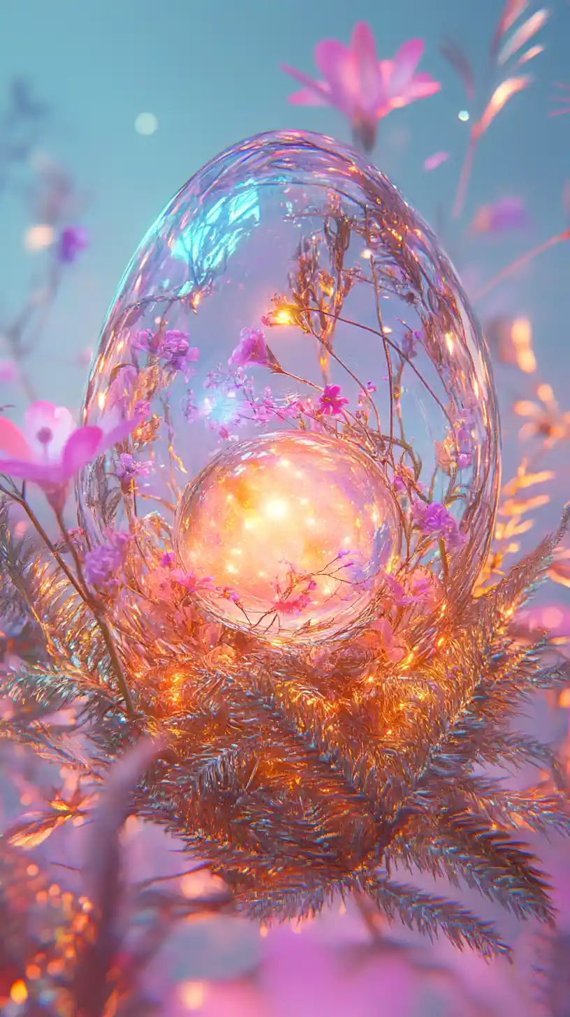 Glass egg galaxy in a floating nest of glowing flowers