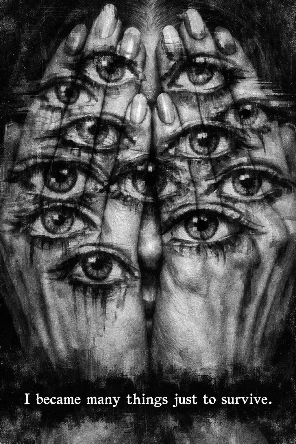 Occhi dipinti surreali sovrapposti a dita umane monocromatiche