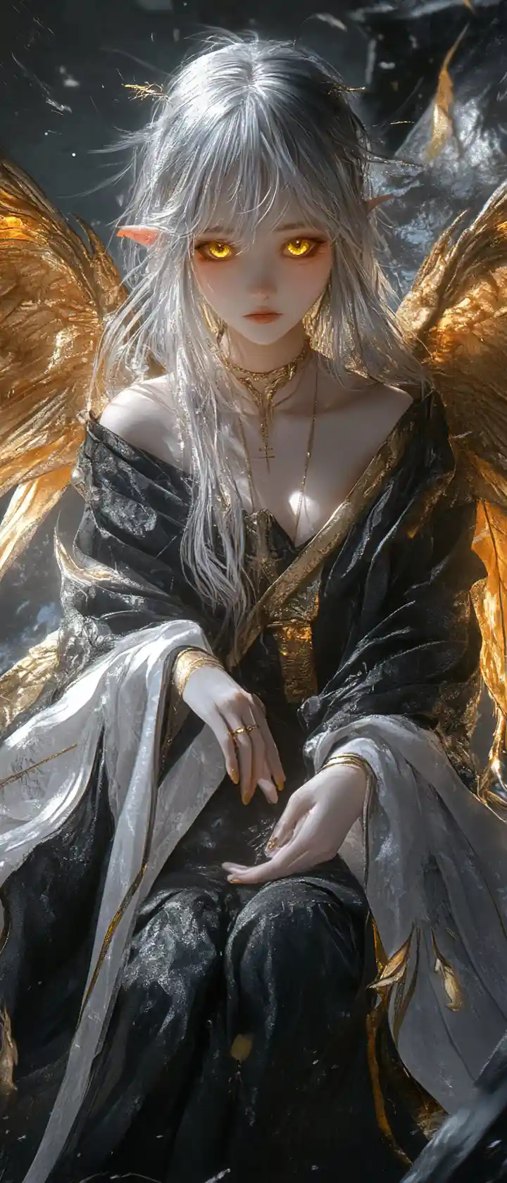 憂鬱翼少女被黑暗飄渺光芒包裹