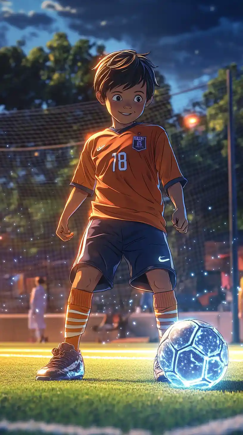 Young boy amazed by glowing sneakers on soccer field