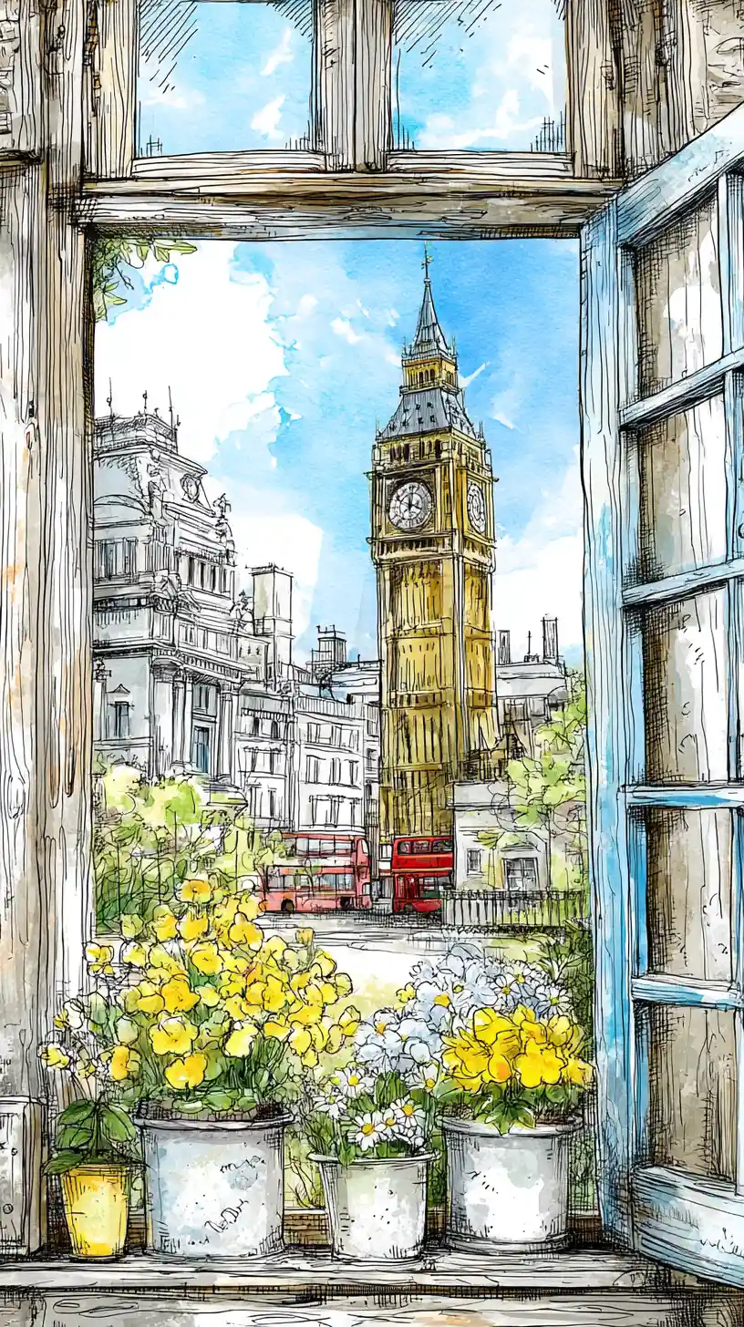 Vista illustrata dalla finestra sui monumenti di Londra con vasi di fiori