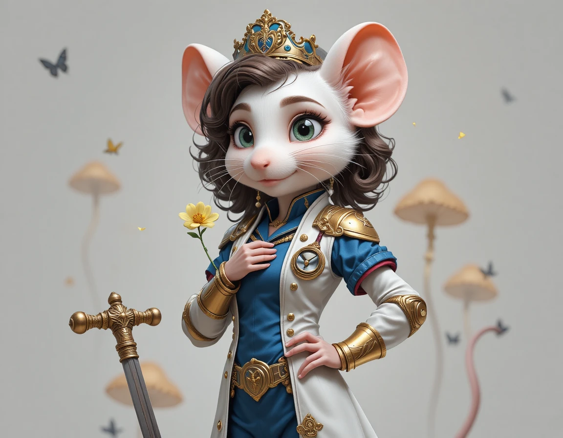 Armored white mouse holding a flower in fantasy forest