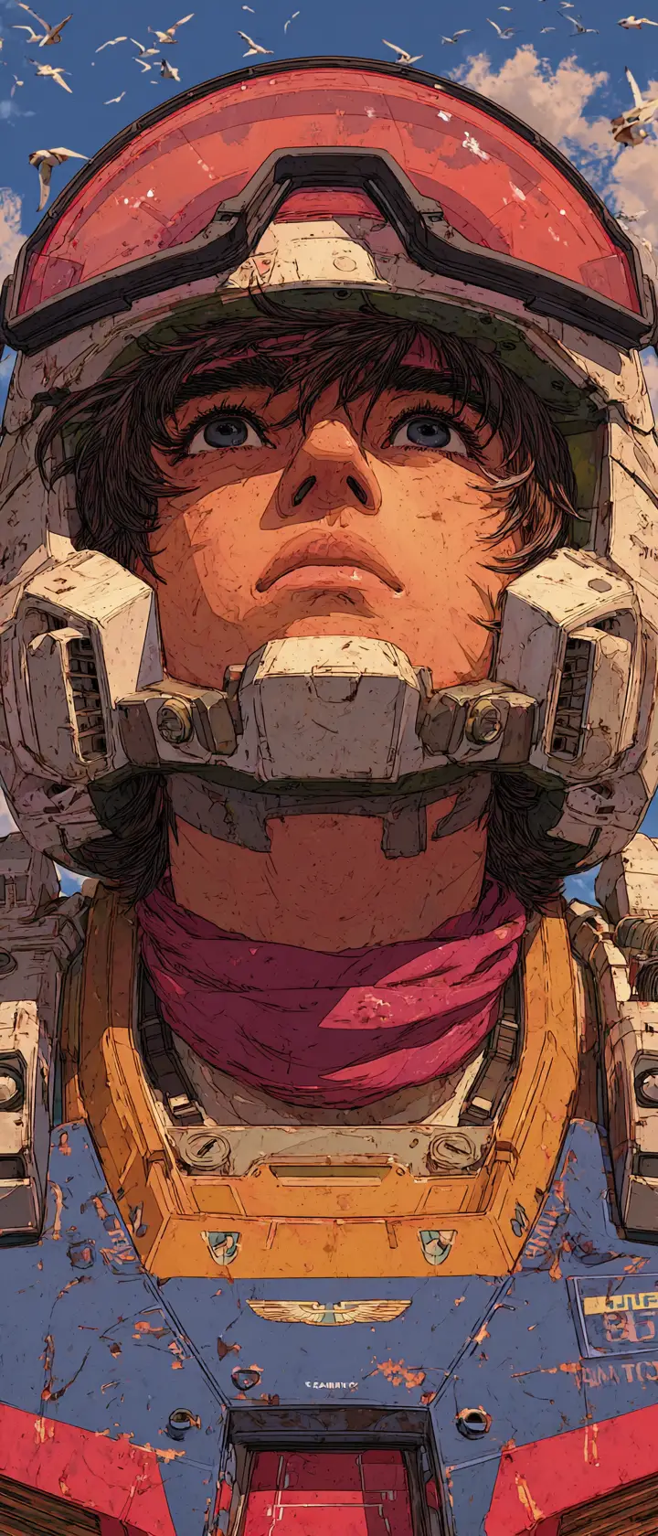 Anime mecha pilot gazing up through cockpit window