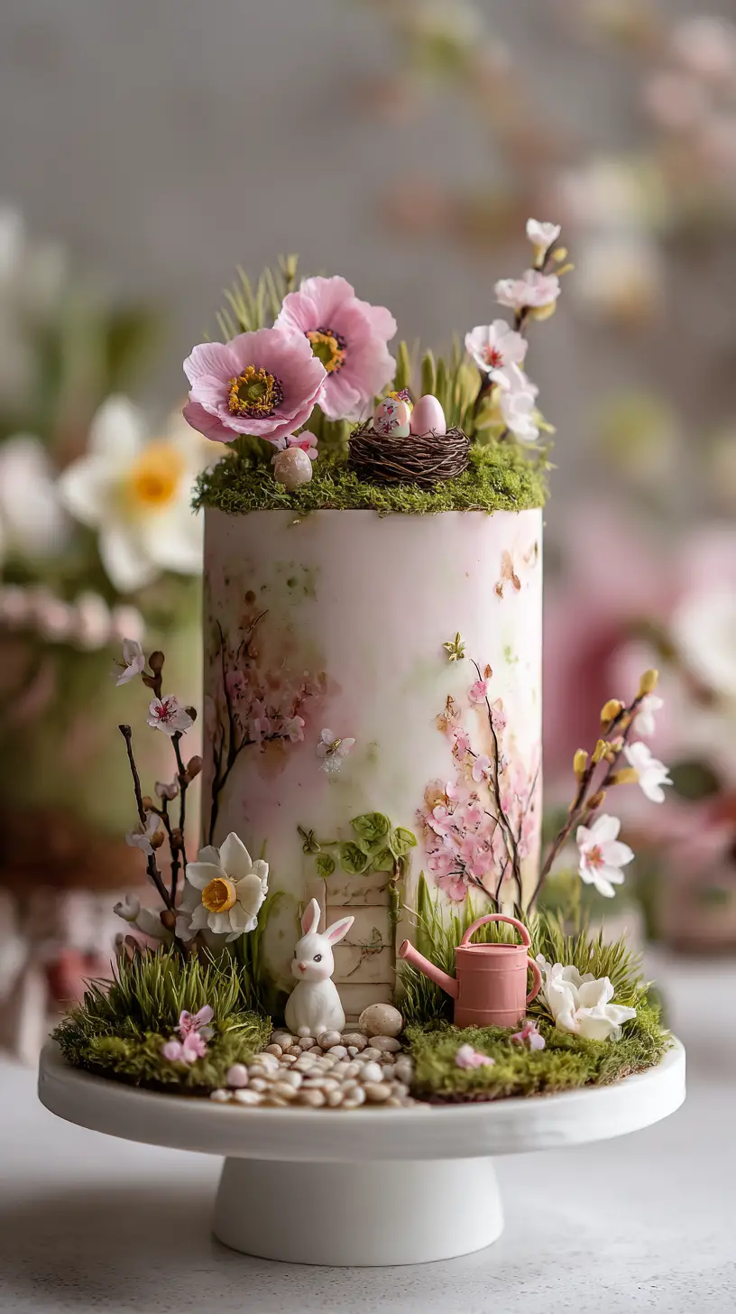 Easter cake with hand painted flowers and garden top