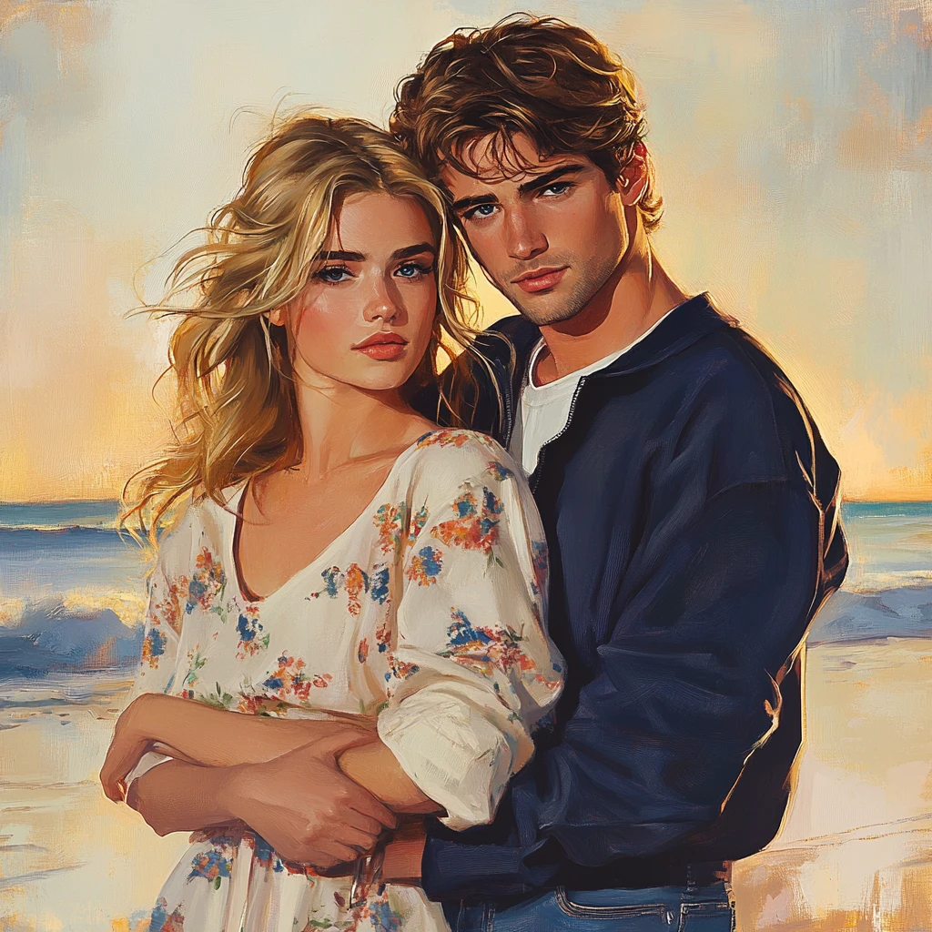 Romantic couple walking together along the beach at sunset