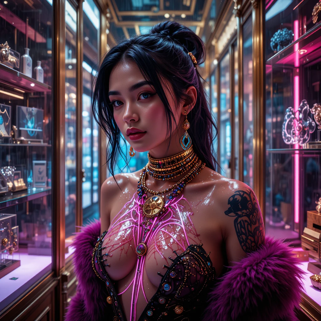 Donna cinematografica in gioielli al neon e laboratorio steampunk