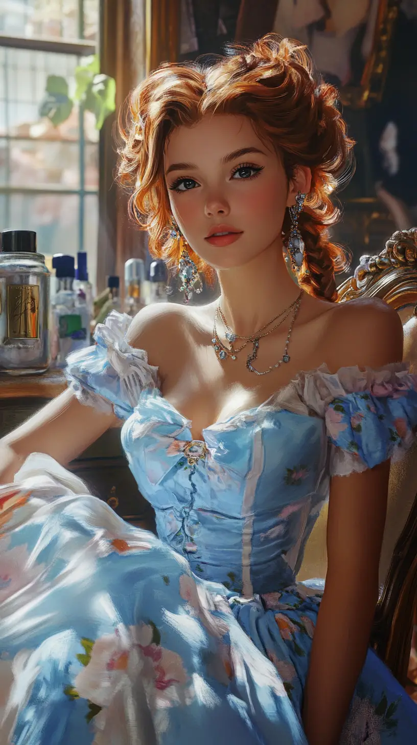 Joven con vestido azul floral en un salón de belleza