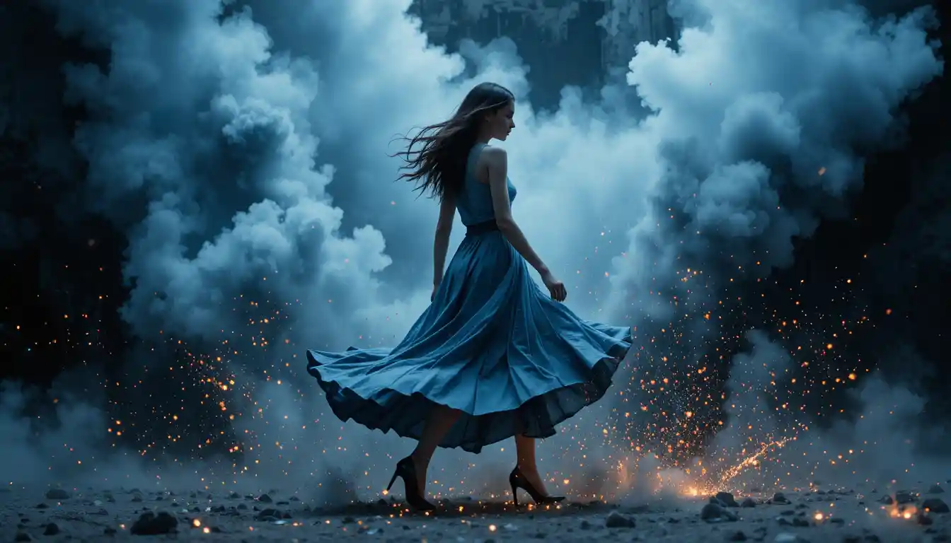 Young woman striding through swirling ash and sparks