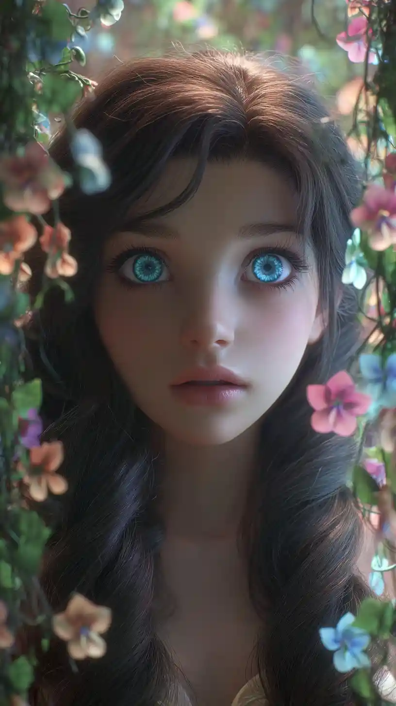 Surreal beauty portrait of a woman with violet flowers