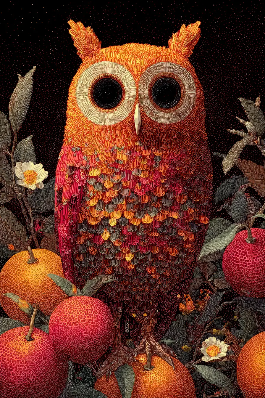 Surreal owl made of oranges with dark onyx eyes
