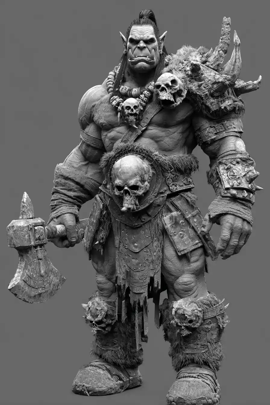 Massiver 3D-Ork-Häuptling mit Schädelrüstung und Axt