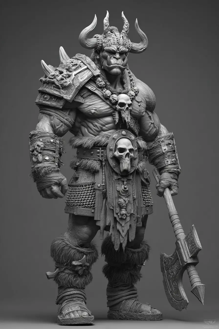 Massiver Ork-Kriegsherr mit Schädelrüstung und Kampfaxt