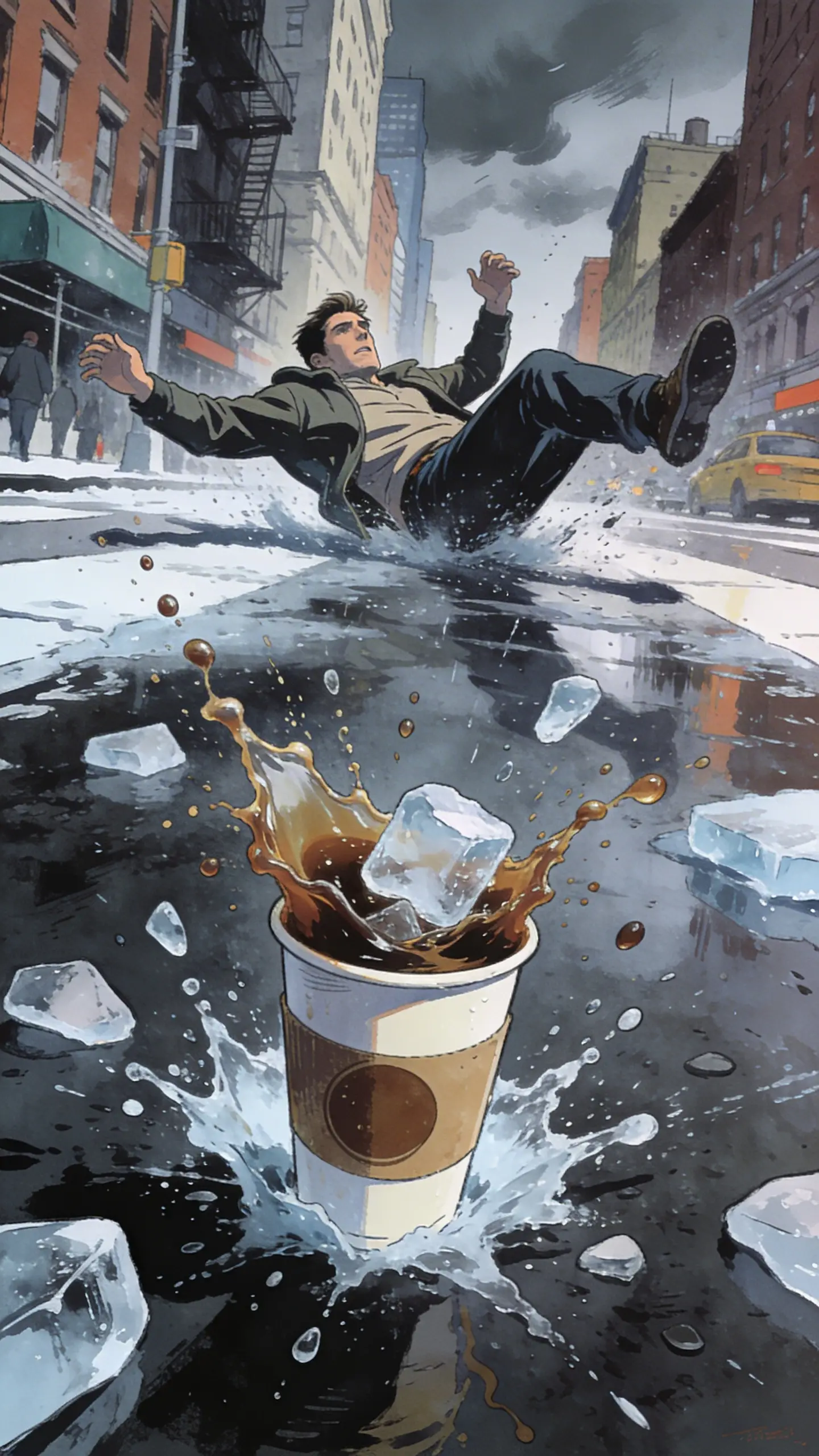 Man slipping on icy new york street as coffee explodes