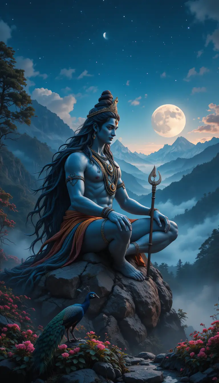 Lord Shiva meditating on a rocky seat in the Himalayas