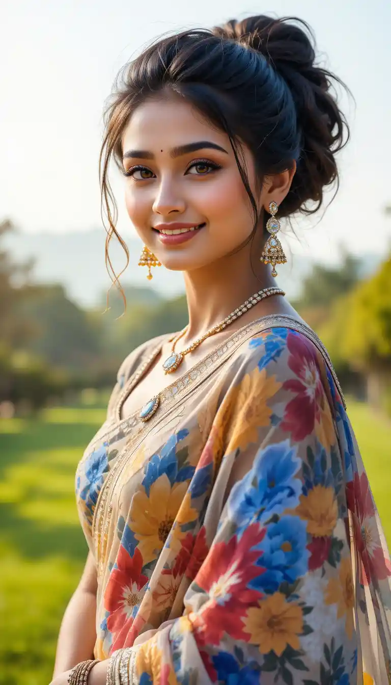 Joyful Indian girl in organza saree outdoor portrait