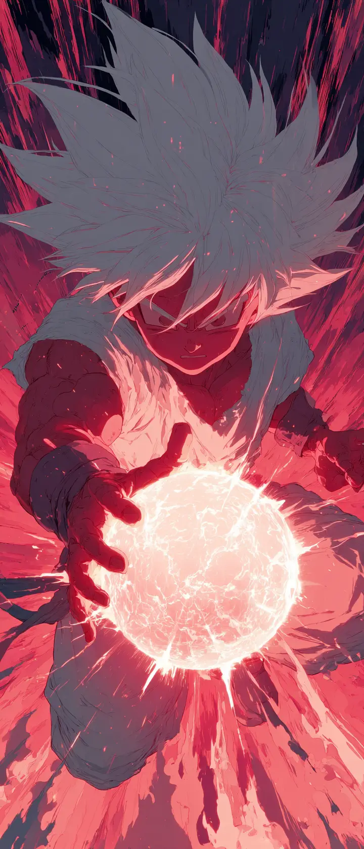 Anime warrior reaching for glowing orb in blazing energy