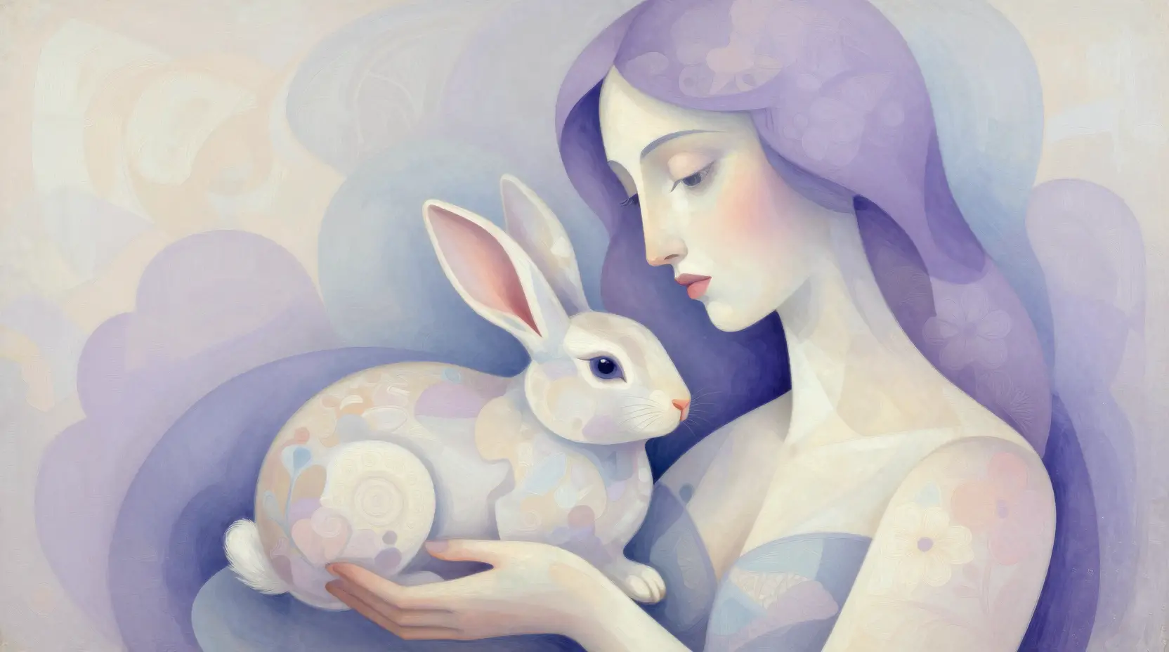 Abstract cubist woman gently cradling a rabbit