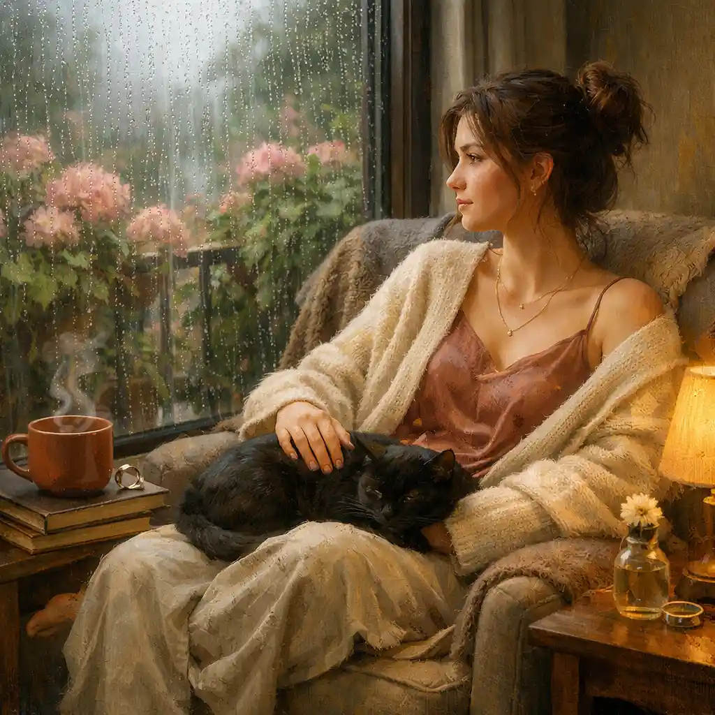Woman relaxing with black cat by a rainy window