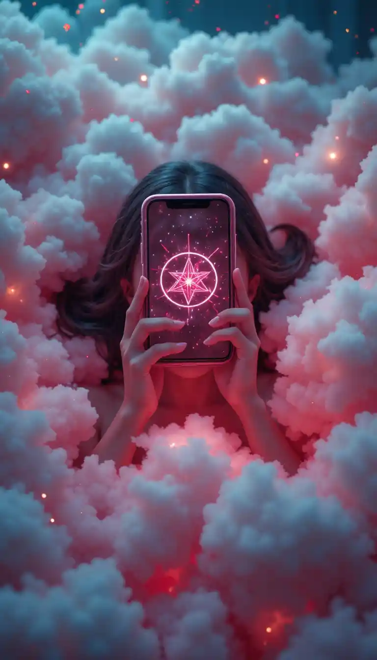 Young woman glowing in clouds with mystical phone light