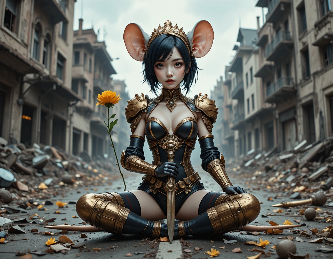 Armored white mouse holding a yellow flower in forest