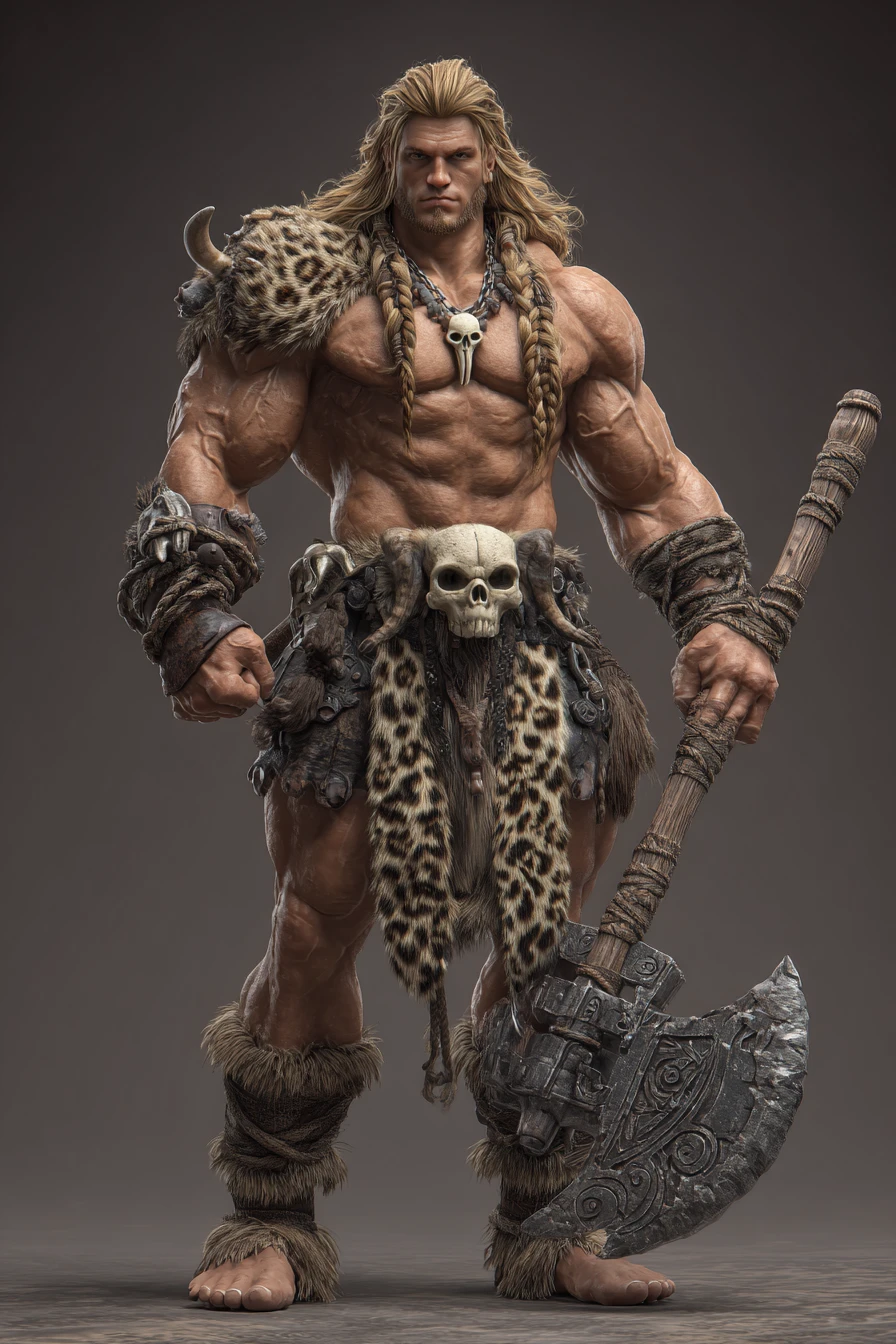 전투 도끼를 든 근육질의 야만인 3D 렌더 스타일