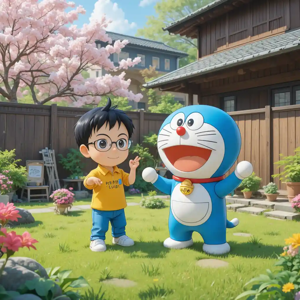 Boy playing in a sunny backyard with a friendly companion