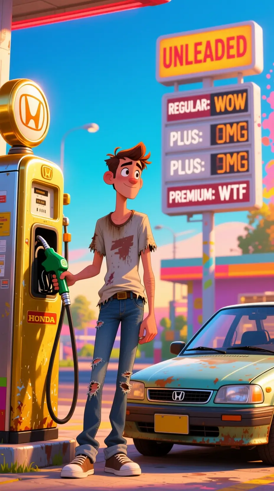 Cartoon man refueling tiny car at colorful gas pump