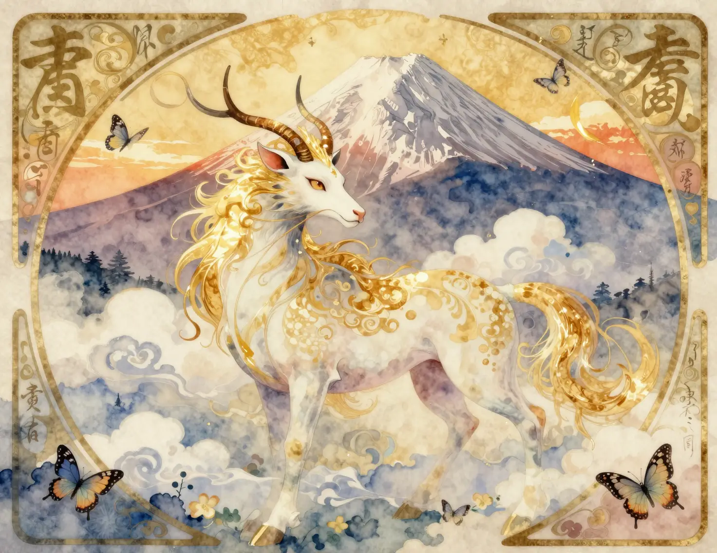 Kirin mitico davanti al Monte Fuji in una scena acquerello da sogno