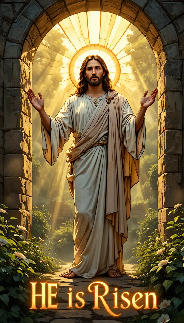 Resurrected Jesus outside the empty stone tomb at dawn