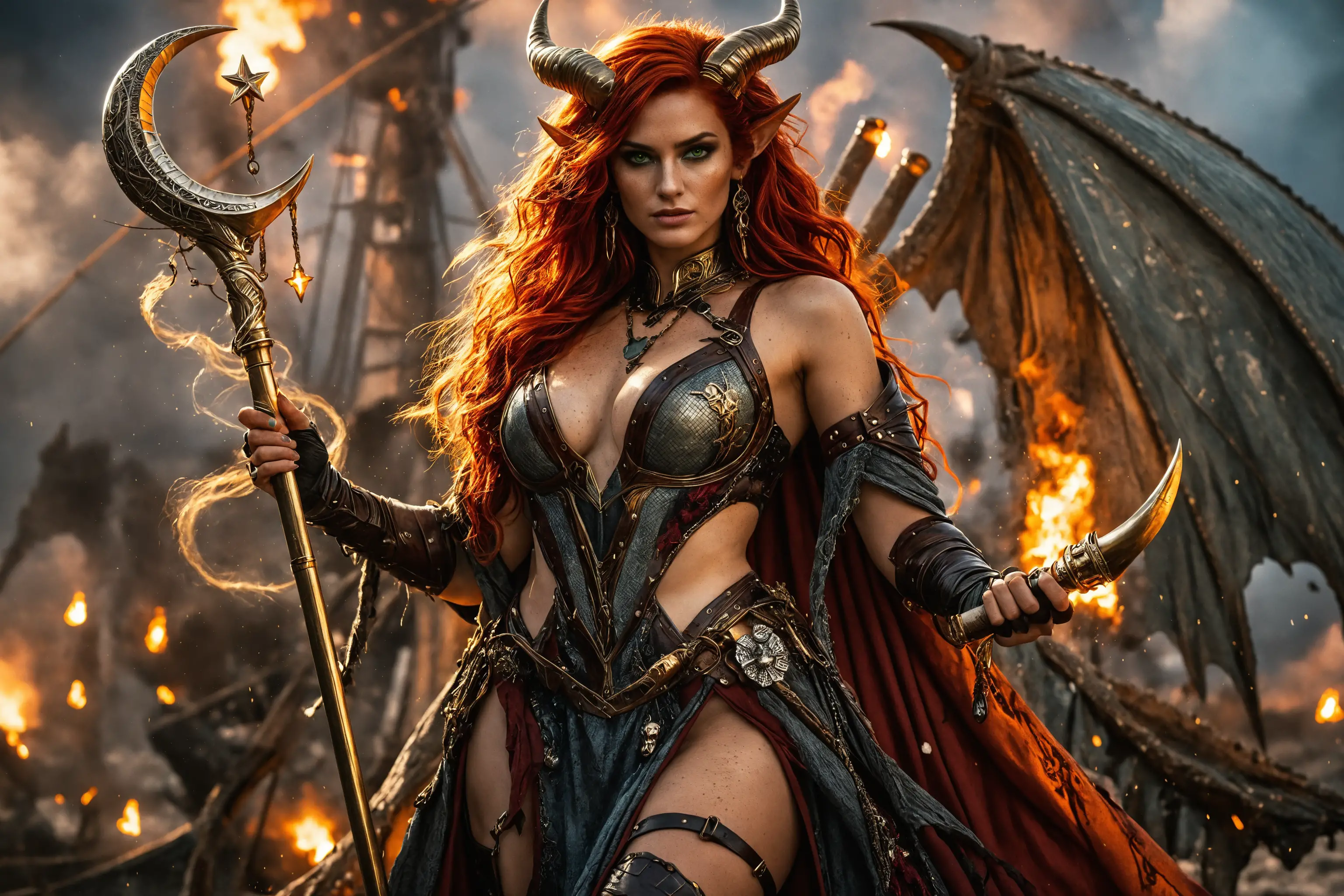 Armored fantasy woman bracing on airship docks at night
