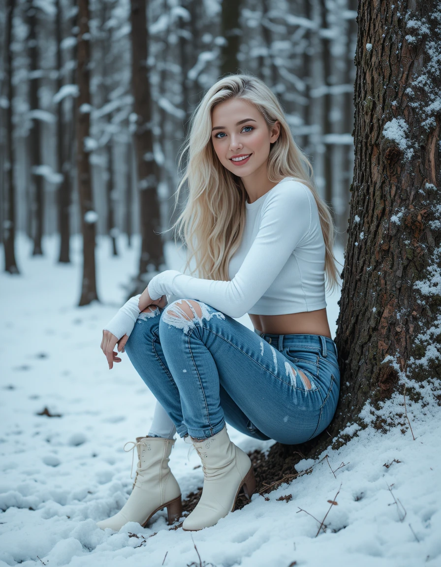 Ragazza bionda sorridente in una foresta invernale innevata