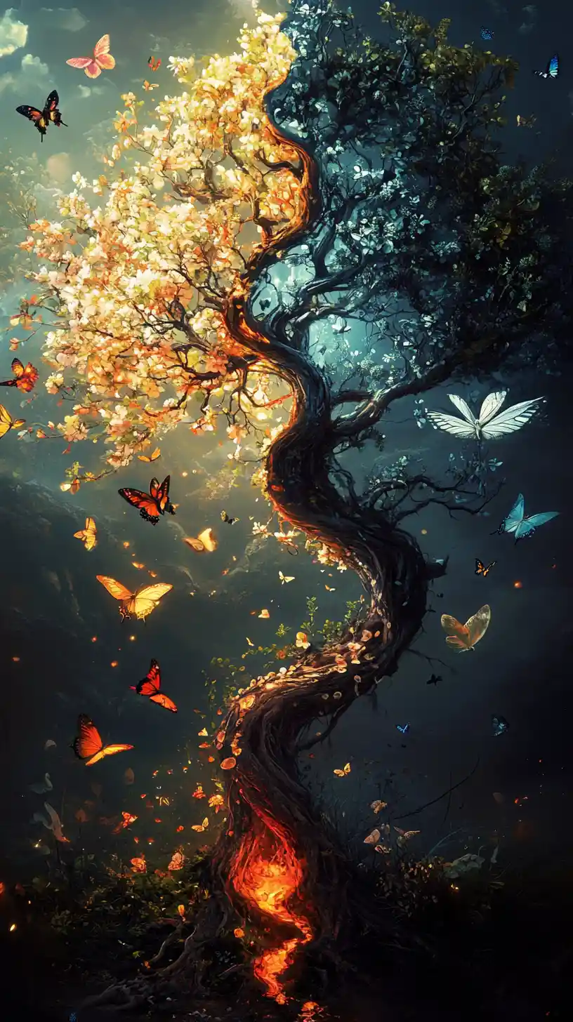 Yin yang trees of light and shadow in fantasy forest