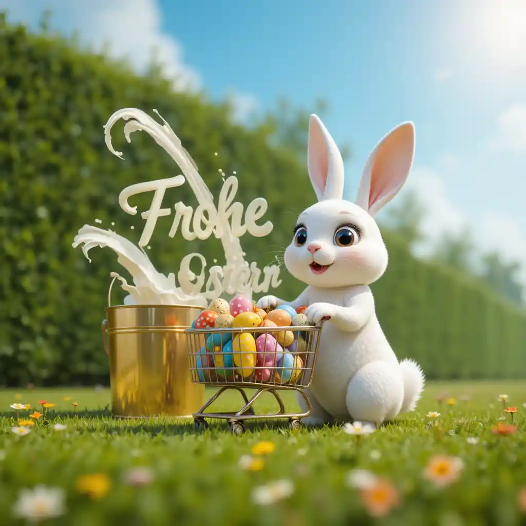 Niedlicher 3D-Hase schiebt einen Wagen voller bunter Ostereier