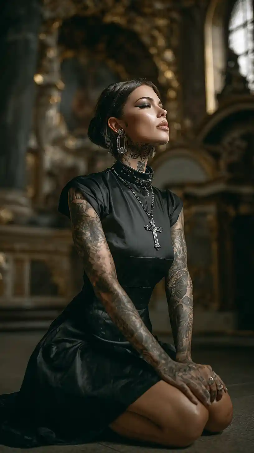 Muscular tattooed woman in black dress sitting in church