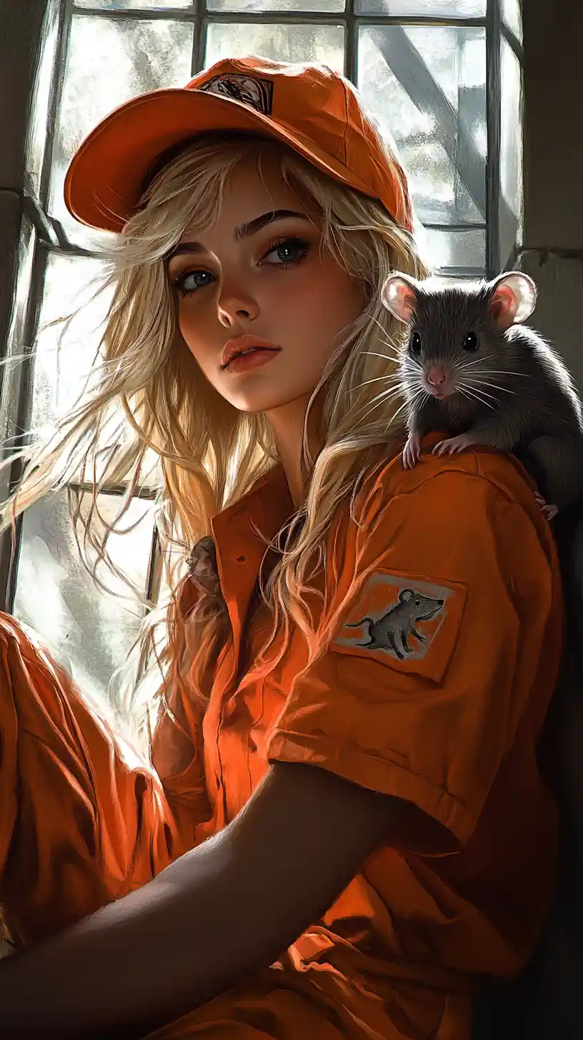 Defiant anime girl in prison cell with pet rat