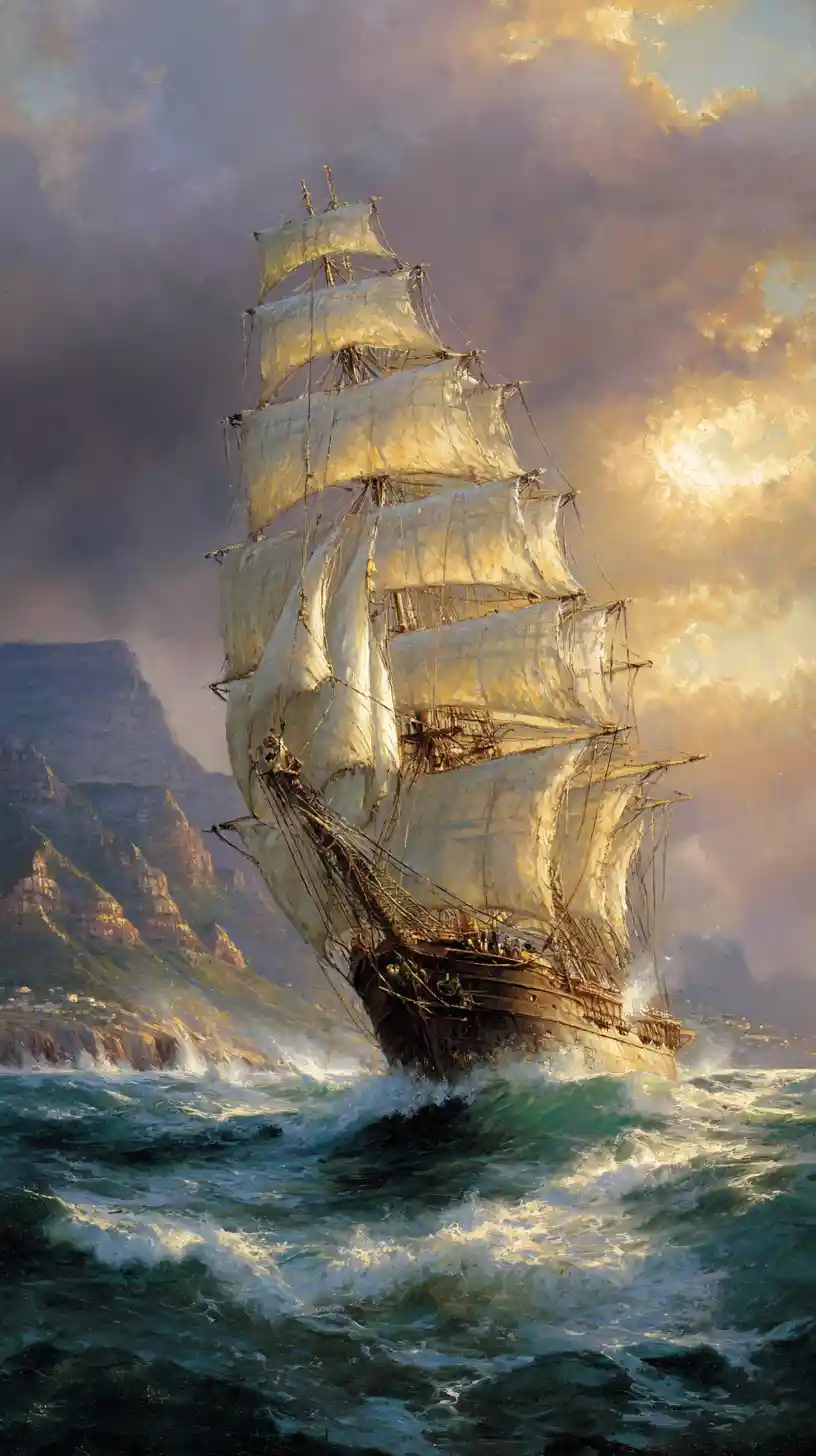 Majestueux trois-mâts clipper affrontant les vagues près de Cape Point