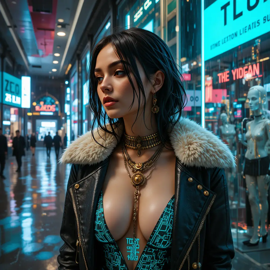 Cyberpunk-Frau im regenverhangenen Boutique-Schaufenster – Nahaufnahme
