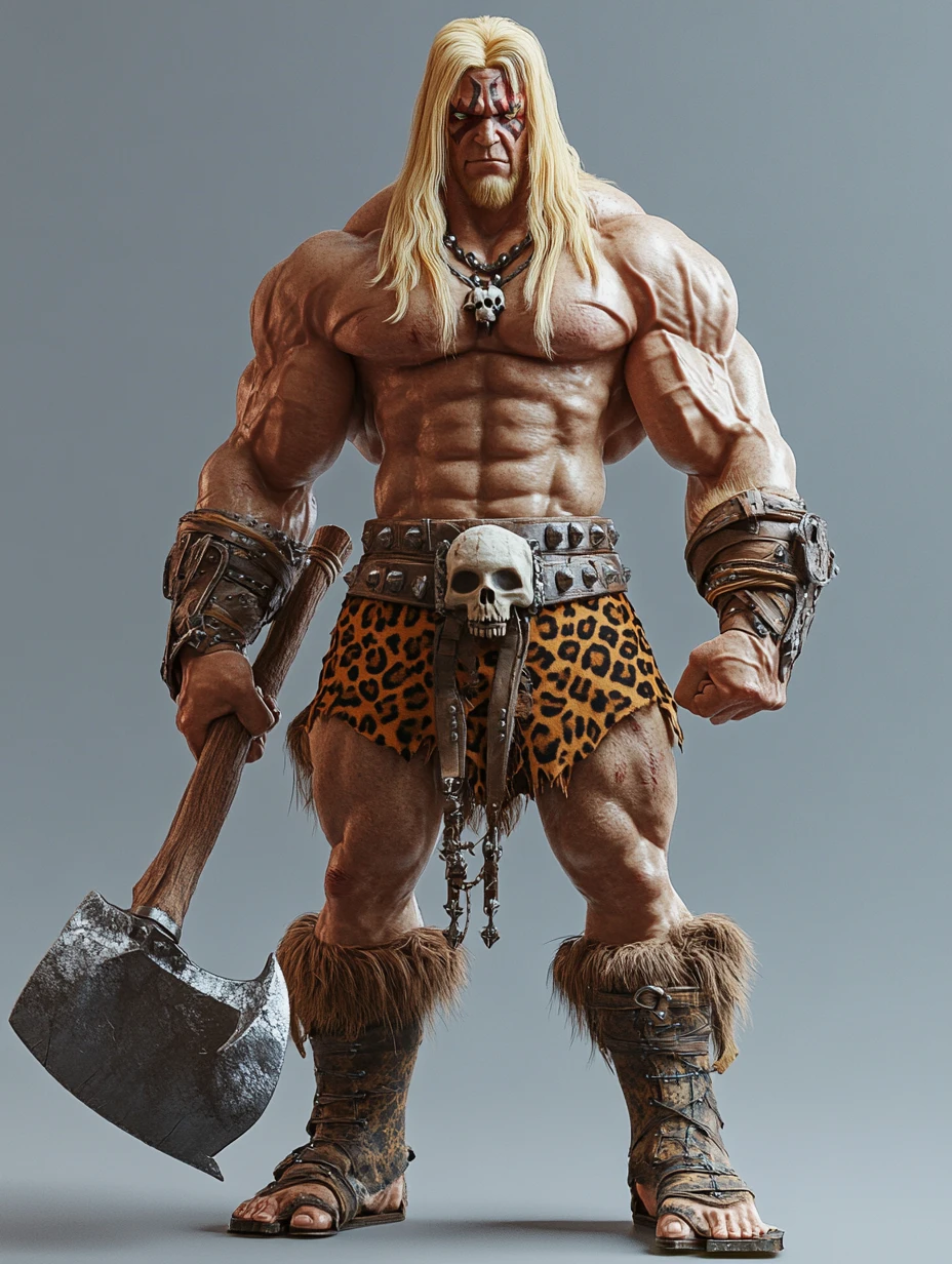 전투 도끼를 든 근육질 바바리안 영웅 3D 렌더