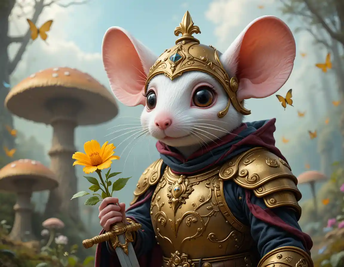 Armored white mouse holding a flower in fantasy forest